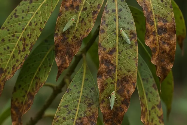 Mango leaf hopper damage on mango tree controlled by expert pest solutions from Usman Pest Control in Lahore.